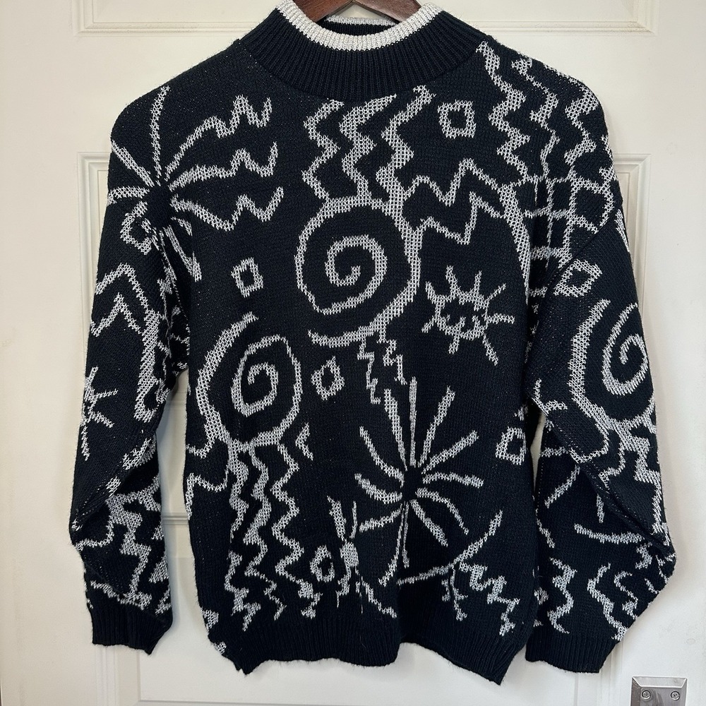 VTG 80s 90s Fortune Knits Sweater Women Small Black Gray Geometric Acrylic USA